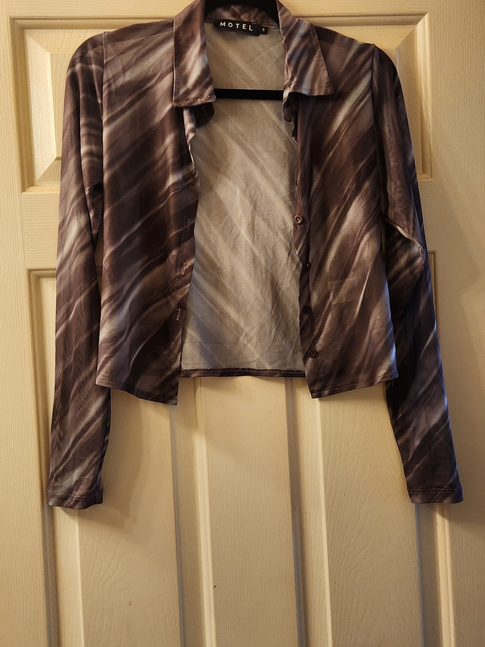 Motel Rocks Cropped Marble-Effect Button-Up in Brown and Gray
